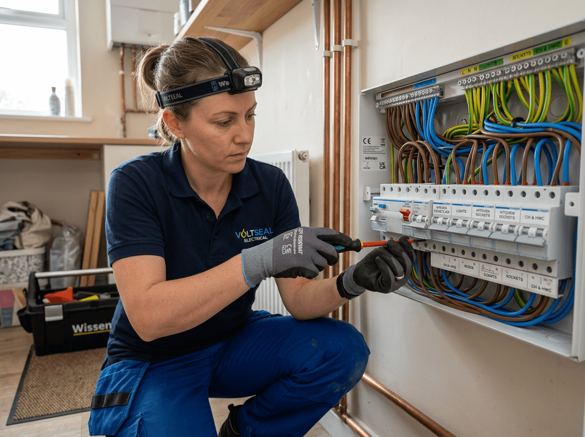 Electrician working on a consumer unit during a rewire