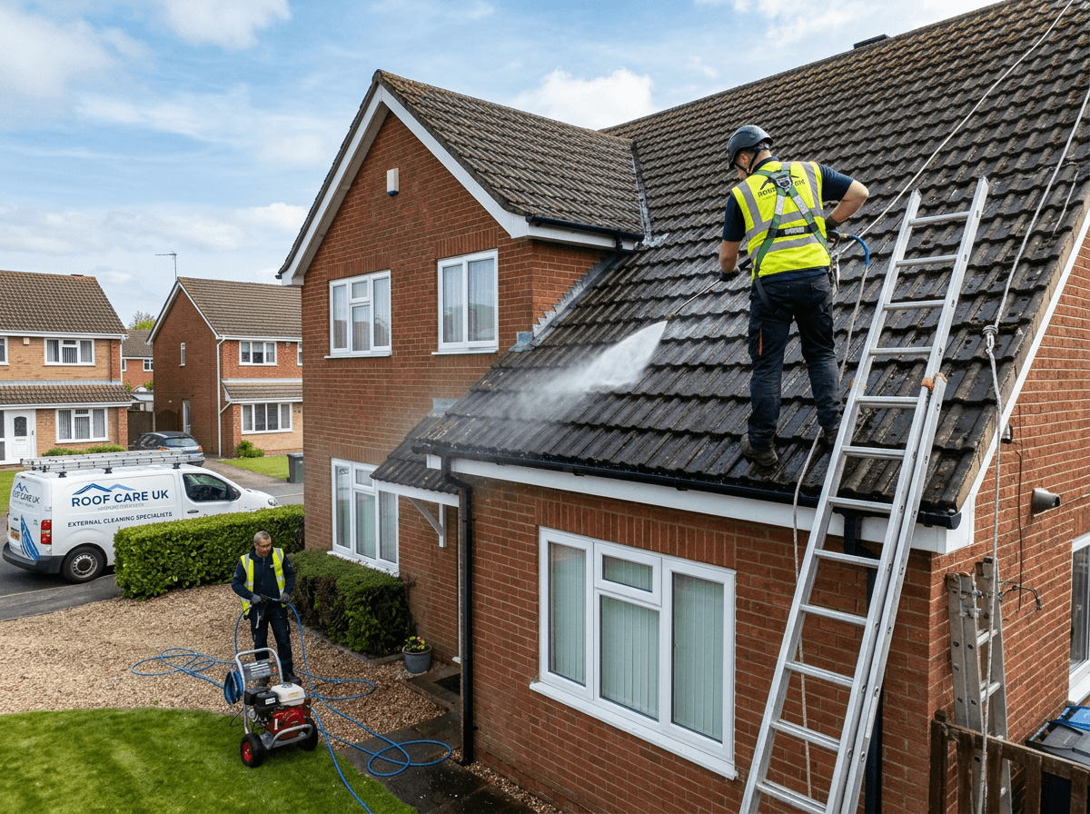 Roof and exterior being professionally cleaned